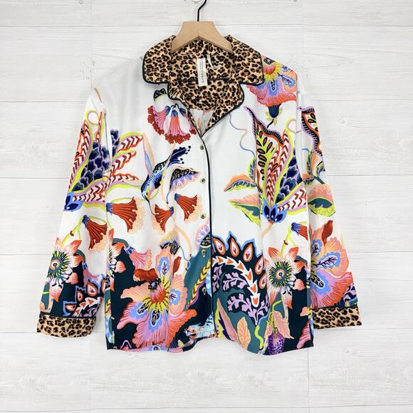 Anthropologie X Sarah Gordon Flannel Pajama Top Size Small Floral Humming Bird - Picture 2 of 16